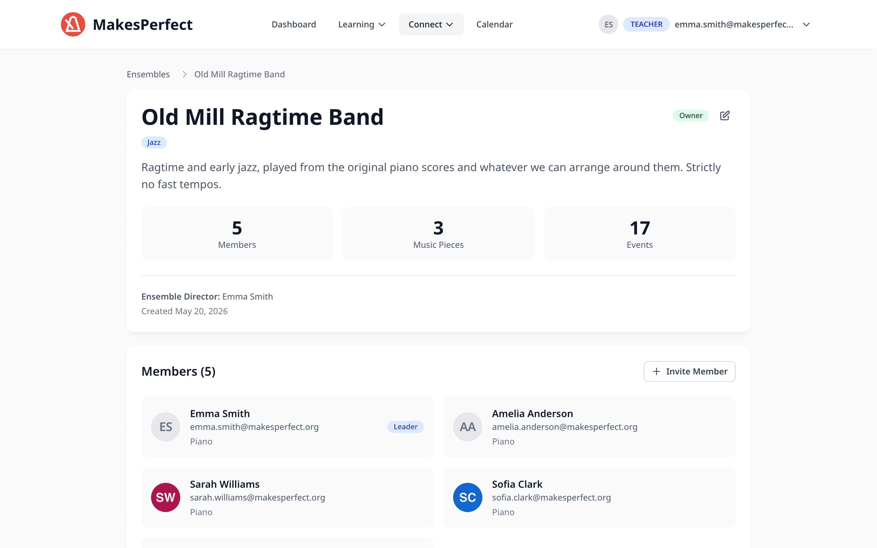 An ensemble page with a member list showing instruments and a shared music library.