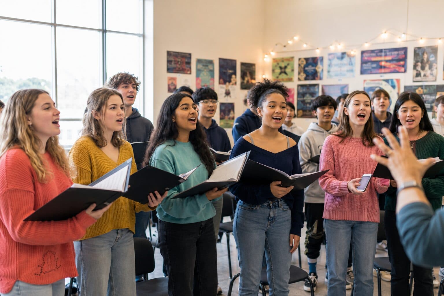 A row of young singers holding black folders, mid-phrase, in a bright rehearsal room.