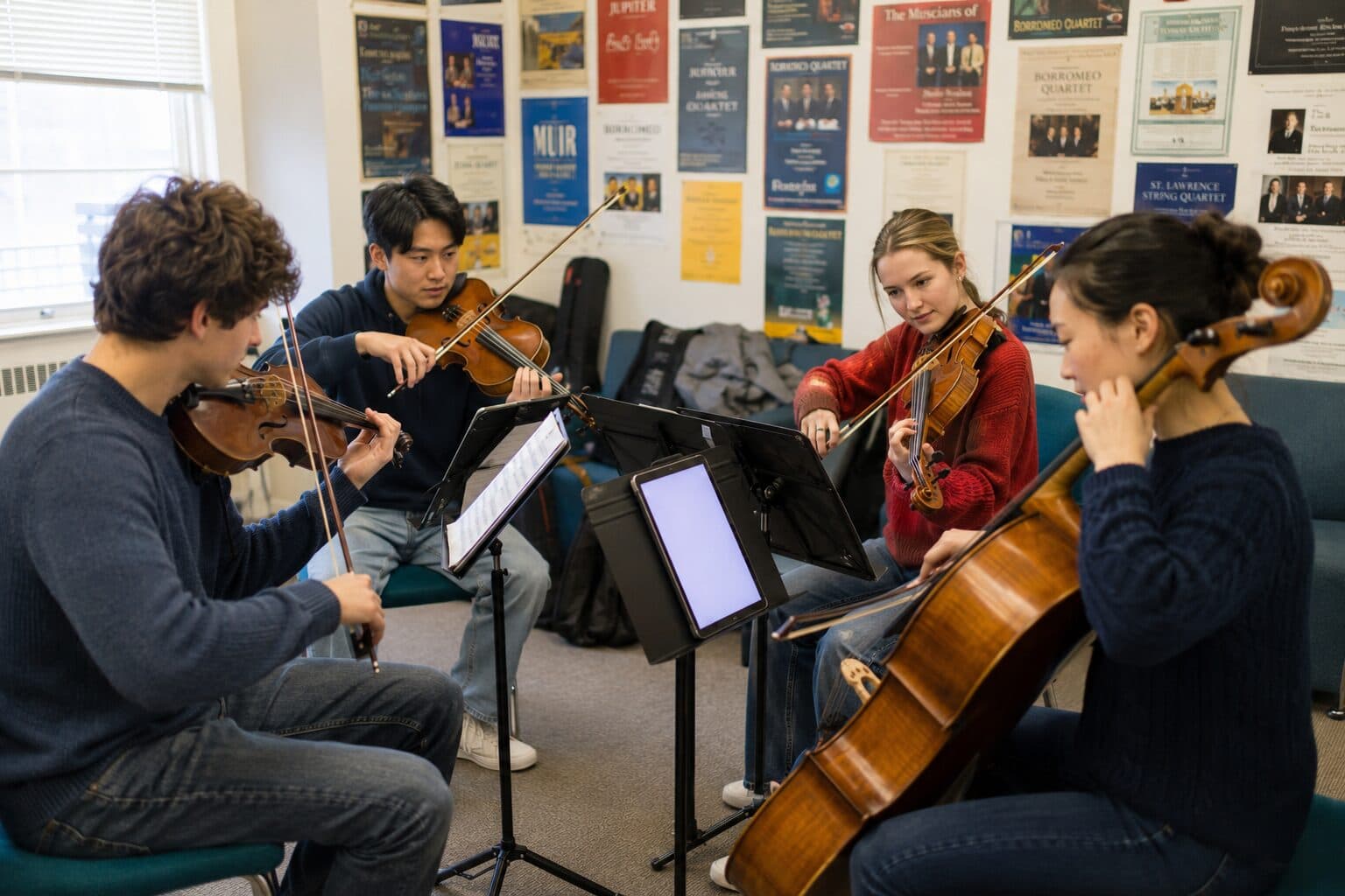 Two violinists, a violist, and a cellist reading from stands in a rehearsal circle.