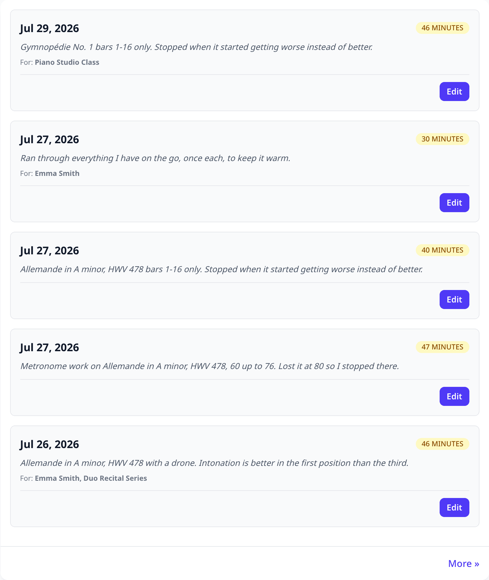 A practice history list showing sessions from four days, each with a date, a duration and a line of notes, and an edit button.